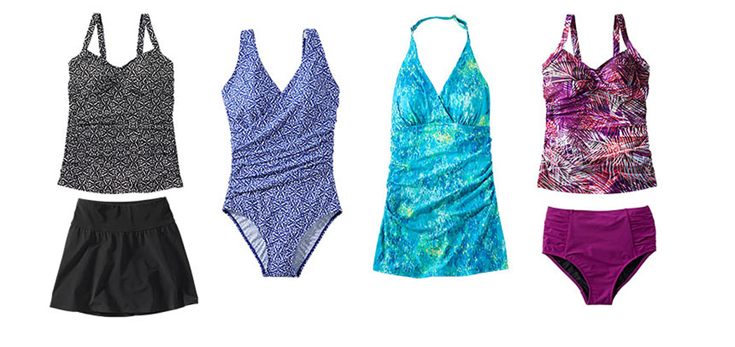 An assortment of L.L.Bean Slimming swimsuits.