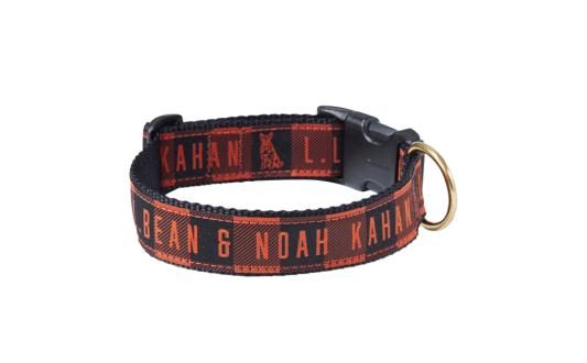 A plaid dog collar with the text "L. L. Bean & Noah Kahan" printed on it.