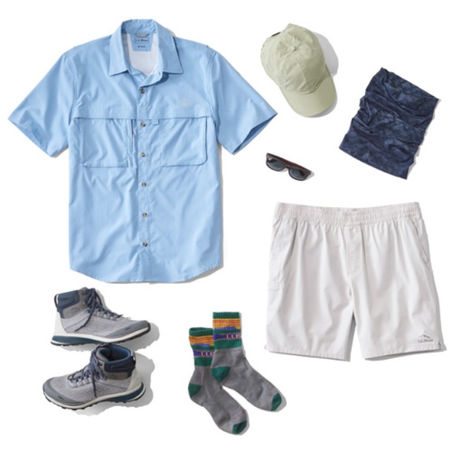 A laydown of clothing needed for fishing in warm to hot weather.