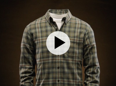 Plaid button-up shirt over white tee on headless mannequin, with play button icon centered on the image. 