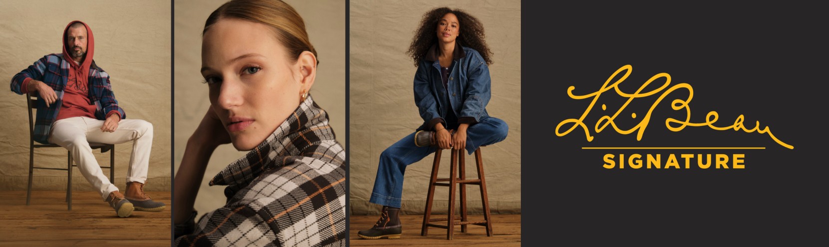 Three-panel fashion collage featuring seated and close-up portraits in plaid, denim, and neutral-toned outfits.