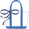 Blue outline icon of a tote bag with a ribbon bow tied on the handle.