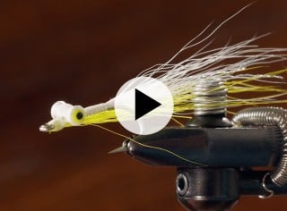 Close-up of a detailed fishing fly with feathers and threads, attached to a vise and a play video icon.