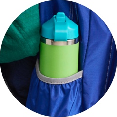 Close-up of water bottle in water bottle pocket.