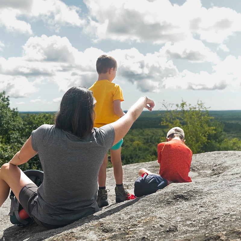 A mom and two children sit on a rocky outcrop, overlooking a forested landscape under a partly cloudy sky.