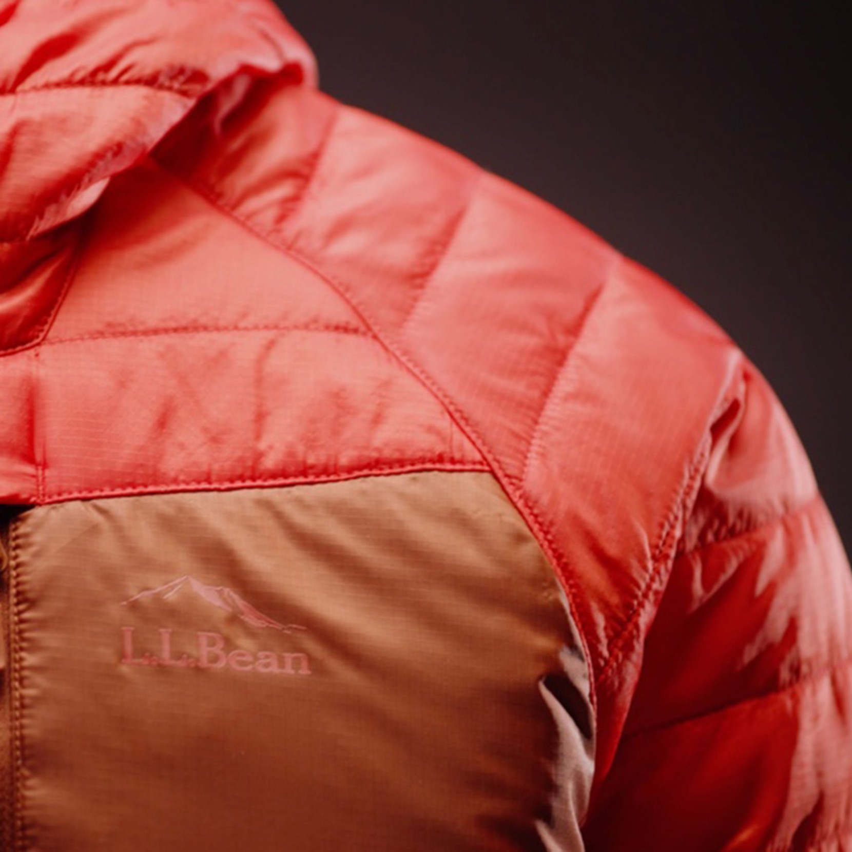 Close-up of red and brown L.L.Bean puffer jacket with visible logo.