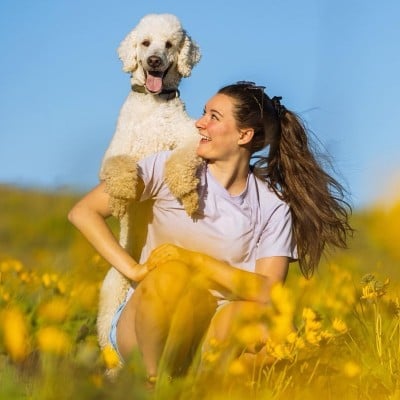 A woman sitting in a field of yellow flowers, a dog with its front paws on her shoulder.