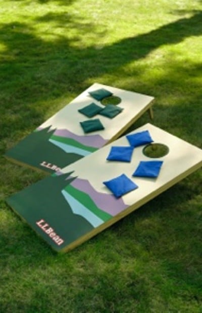Image of two cornhole boards with beanbags all sitting on green grass.