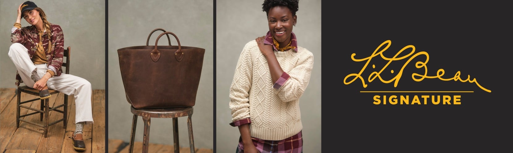 Studio Images of women wearing L. L. Bean clothing, a fine leather bag on a stool, and the Signature logo.