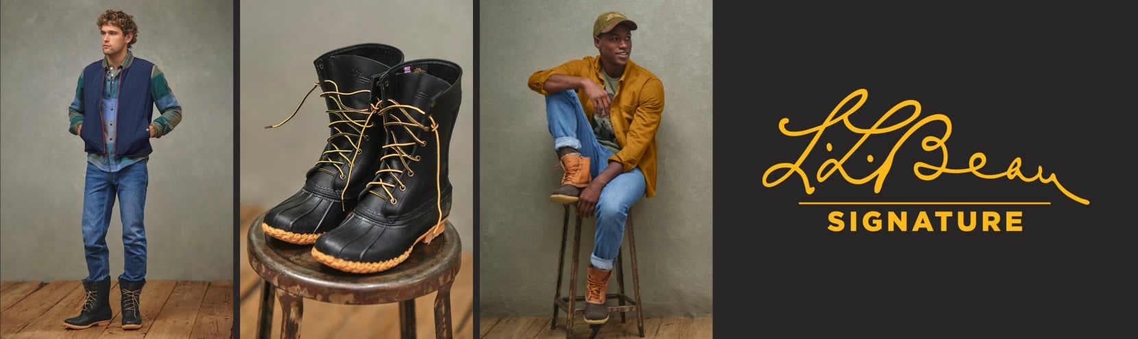 Studio Images of men wearing L. L. Bean clothing, a pair of black Bean Boots on a stool, and the Signature logo.