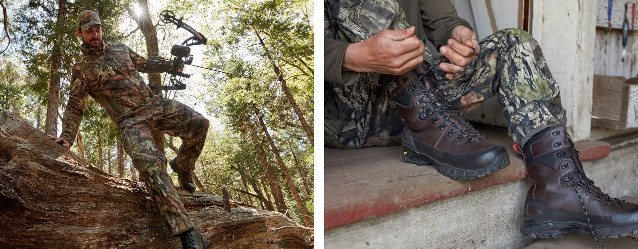 Left: hunter jumping over a log with crossbow. Right: hunter tying boot lace.