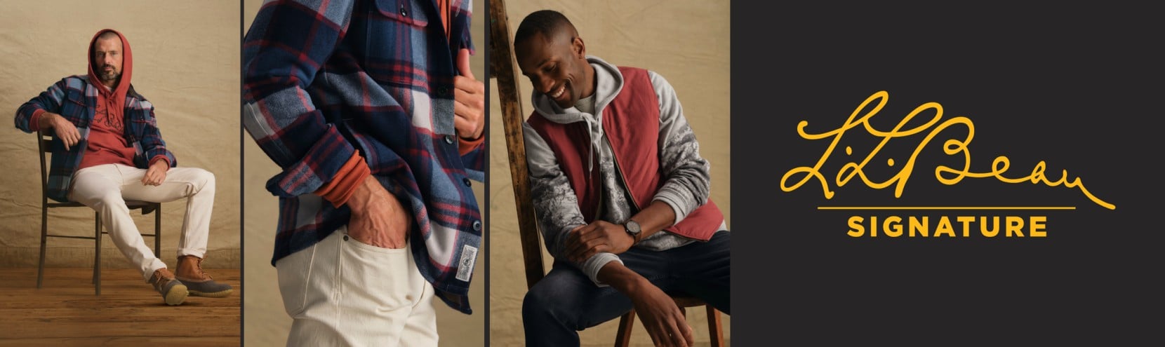 Three-panel fashion montage with denim-clad seated figures, plaid shirt close-up, and casual knitwear look.