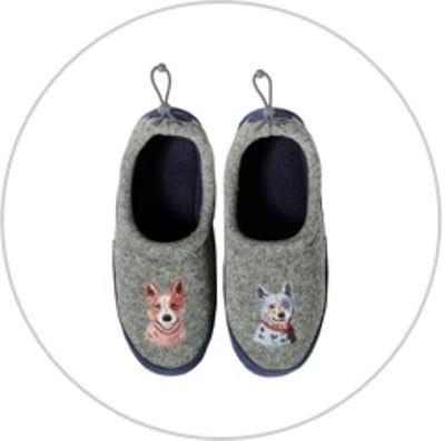 A pair of L. L. Bean slippers with dogs embroidered on the tops.
