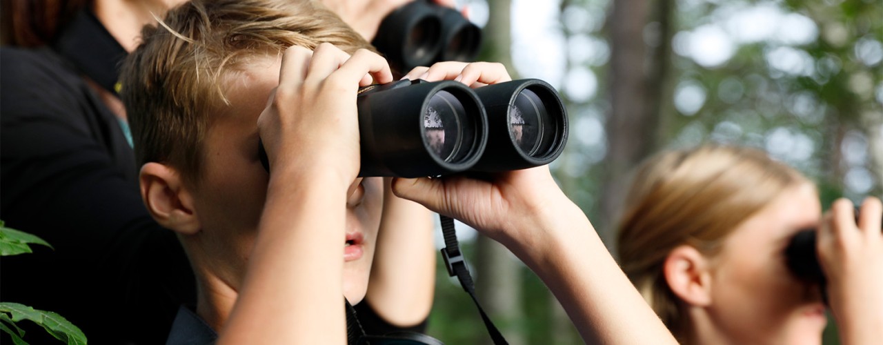 Close-up of family looking through binoculars.