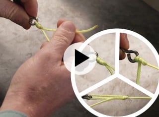 Hands tie a fishing knot, an inset showing 3 different types of knots, overlaid by a play video icon.