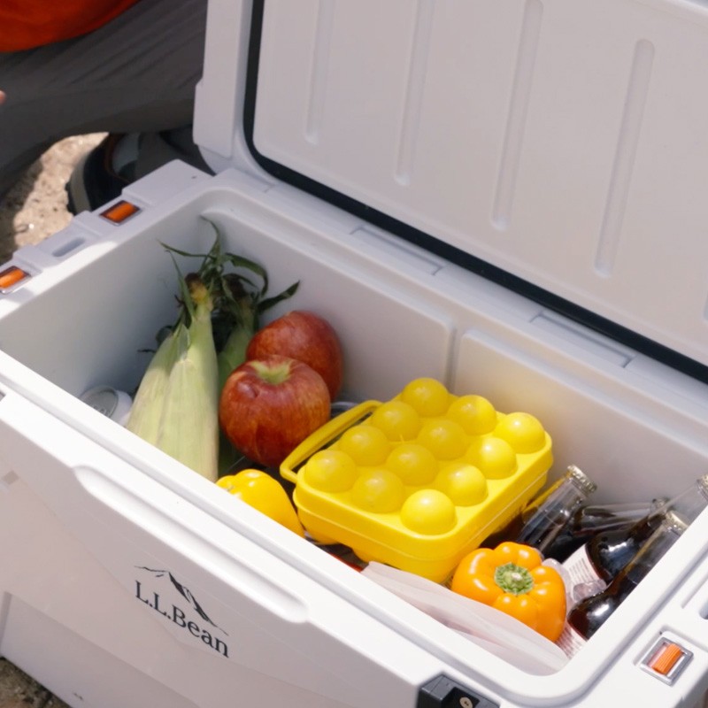 A cooler filled with vegetables, an apple, a yellow egg holder, and bottles.