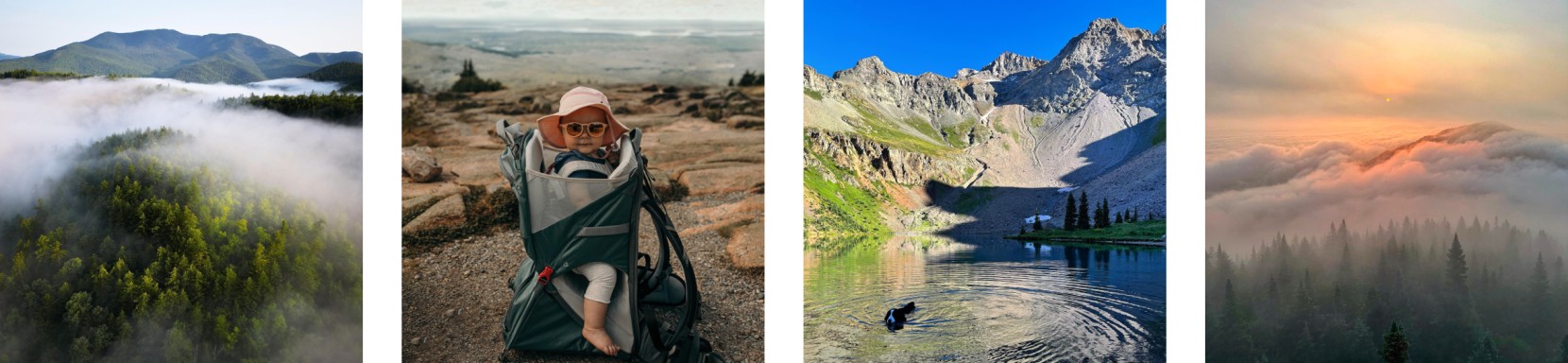 3 images of scenic panoramic mountains, and one image of a child wearing sunglasses and sun hat, sitting in a child carrier.