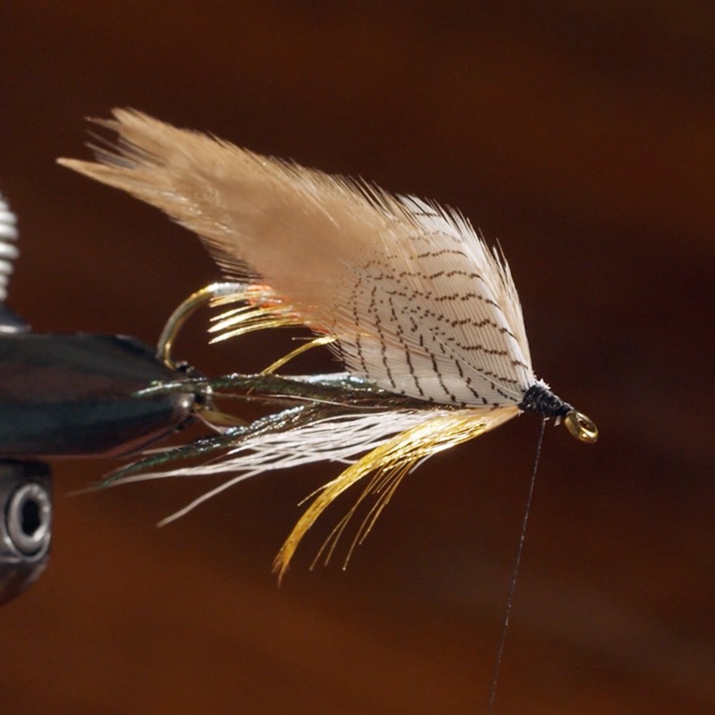 Detailed close-up of a handcrafted fishing fly with feathers and metallic threads, attached to a hook.