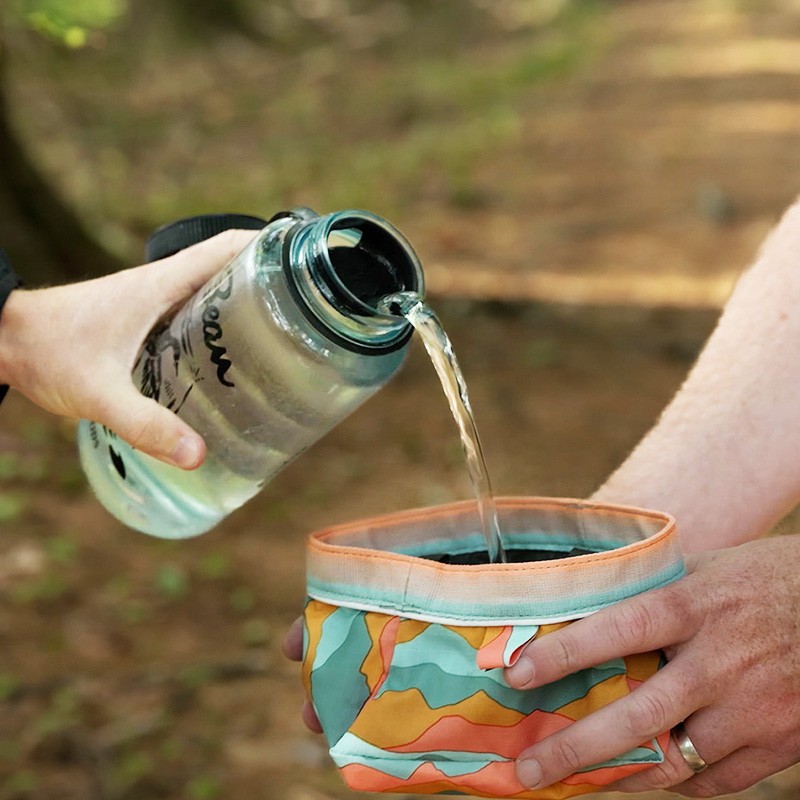Person pours water from a bottle into a colorful collapsible bowl held by another person in an outdoor setting.