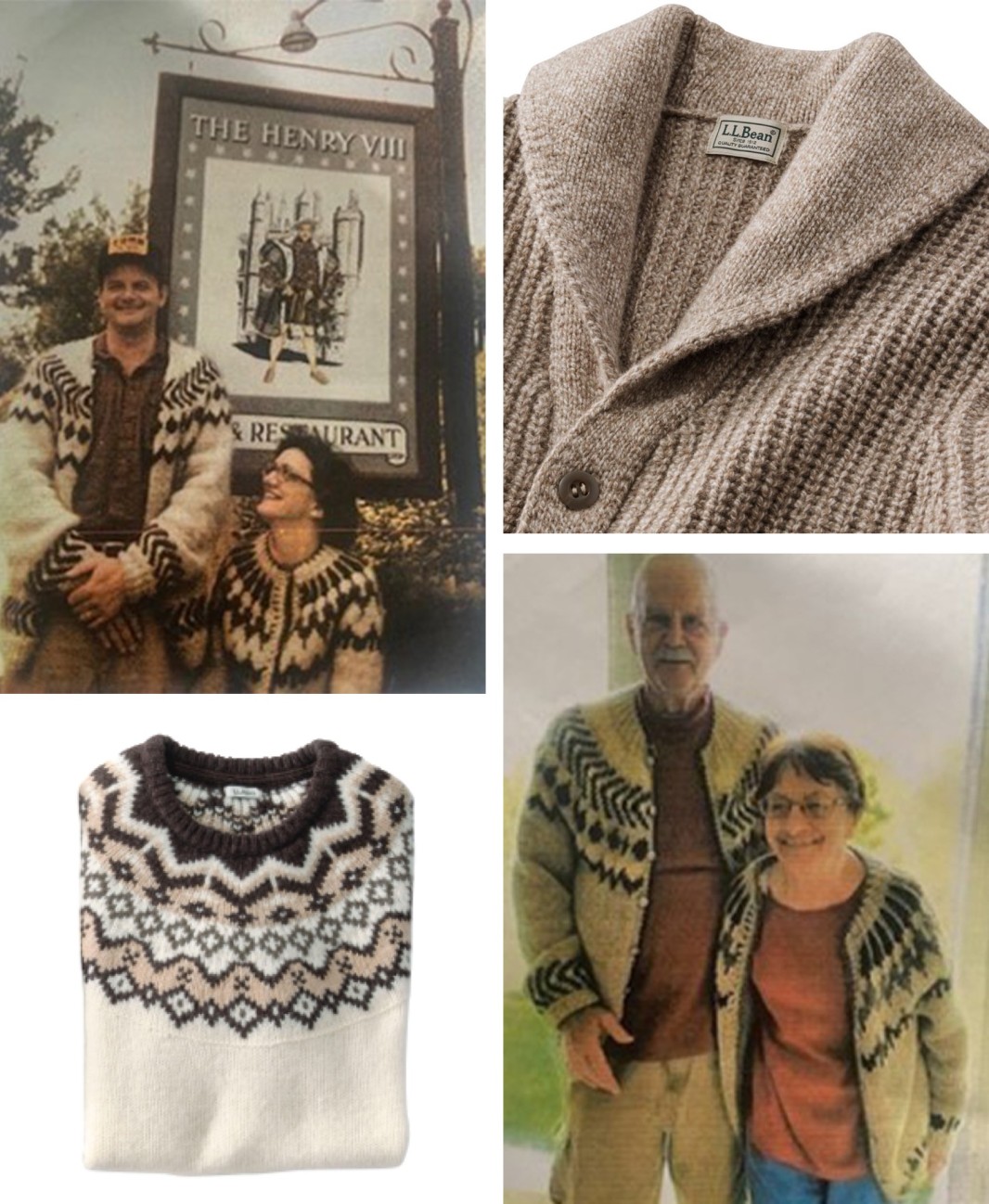 Collage of L.L.Bean Ragg Wool Sweaters. Customer photos 40 years apart wearing the same sweater.