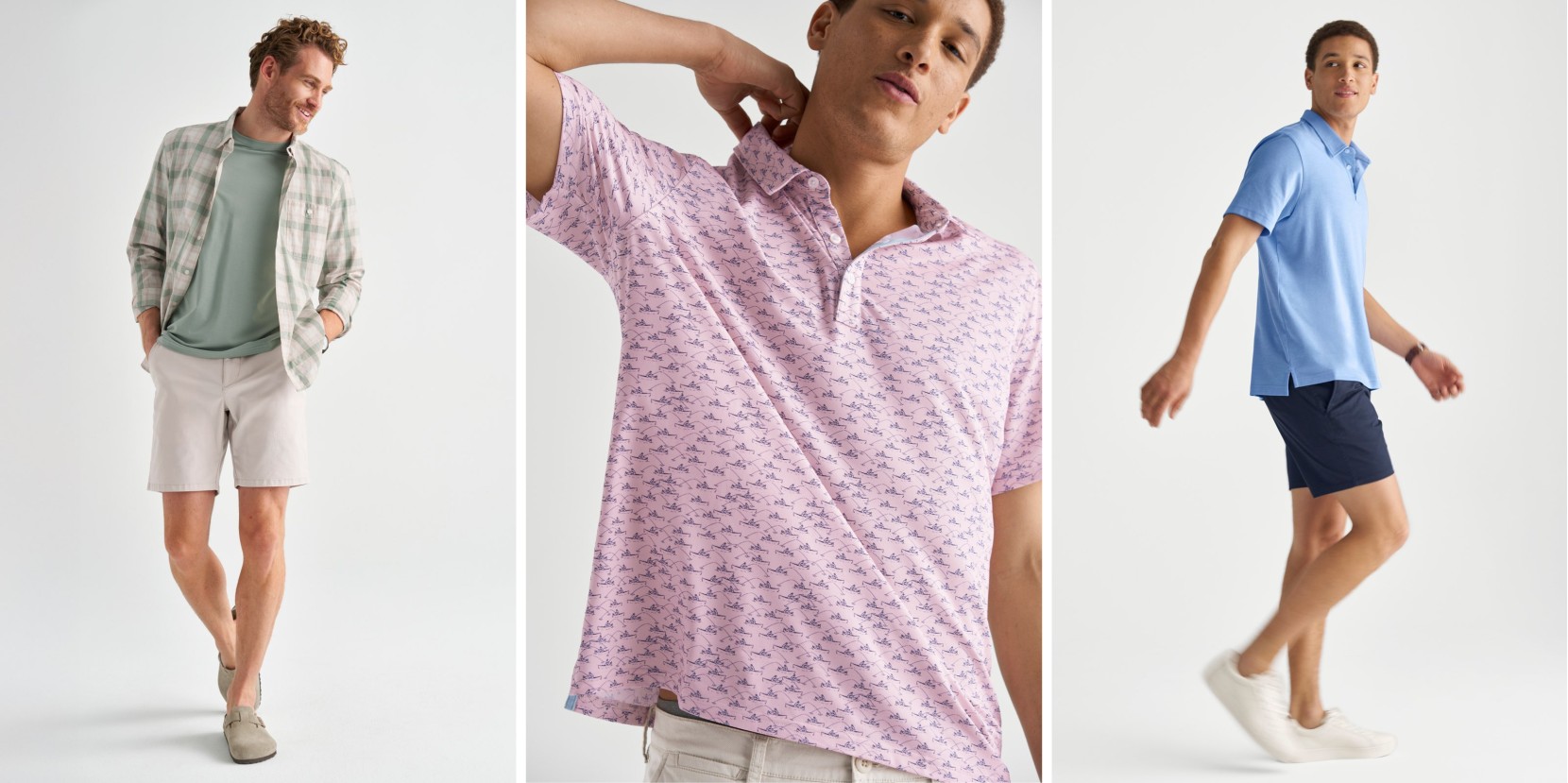 Three people model casual summer outfits: plaid shirt and shorts, pink patterned polo, and blue polo with navy shorts. 