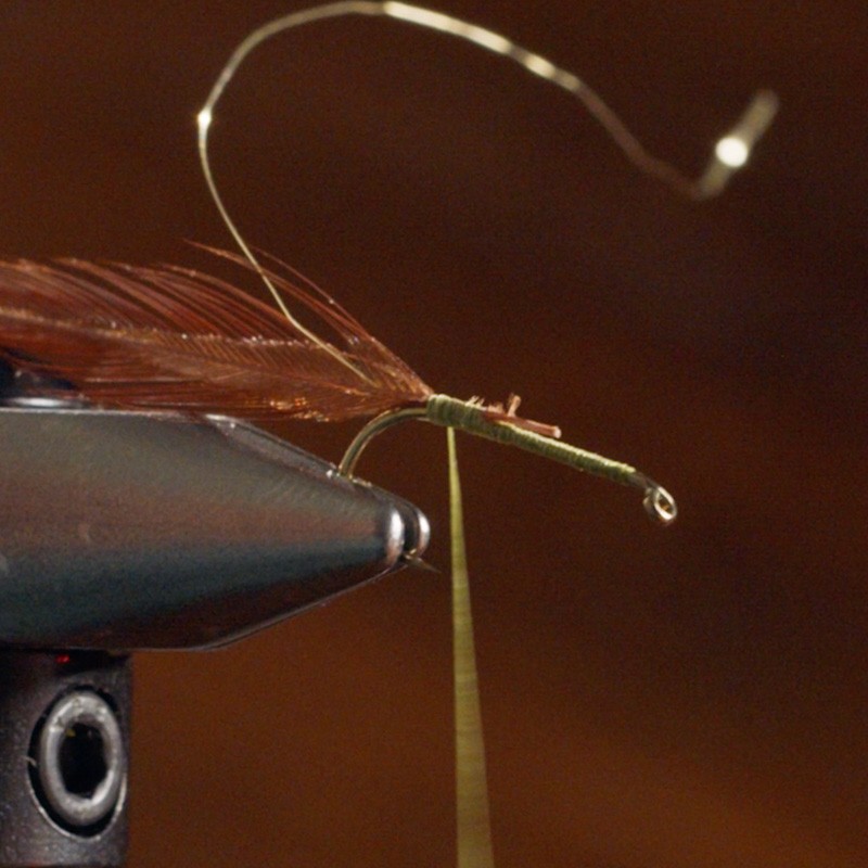 Close up of a fly fishing hook being tied with brown feathers and green thread on a vise.
