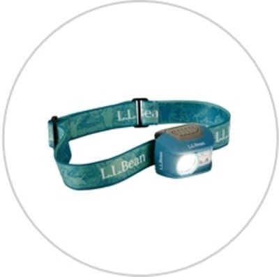 An L. L. Bean teal color head lamp.