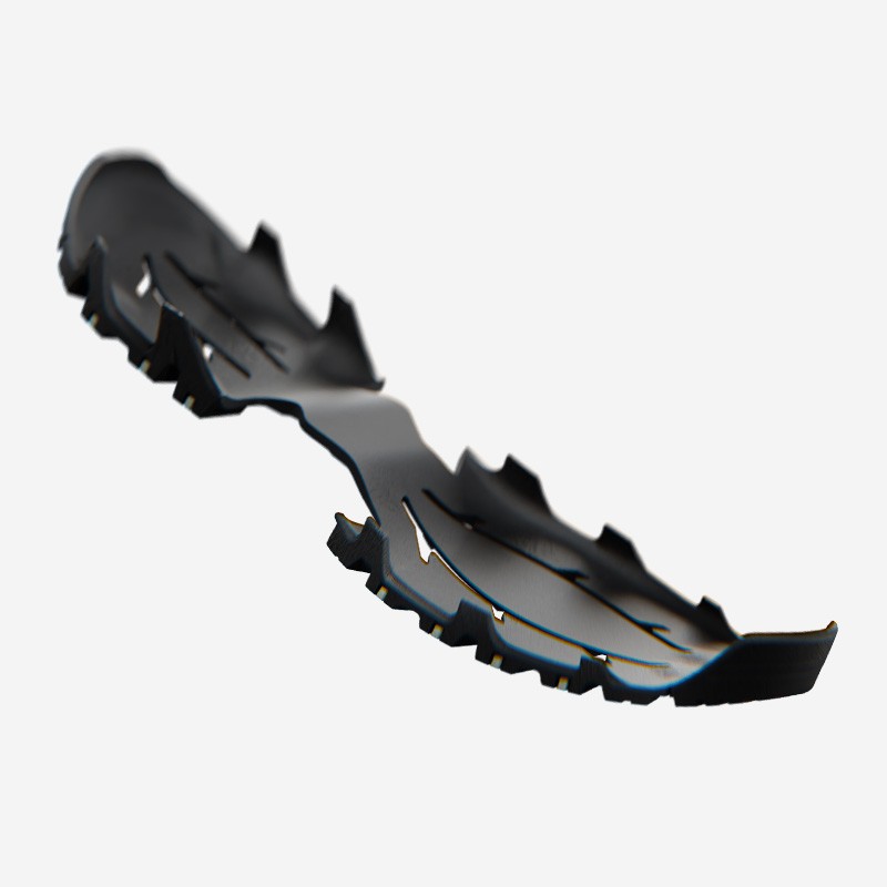 Black boot sole with deep treads and jagged edges, designed for enhanced grip and traction.
