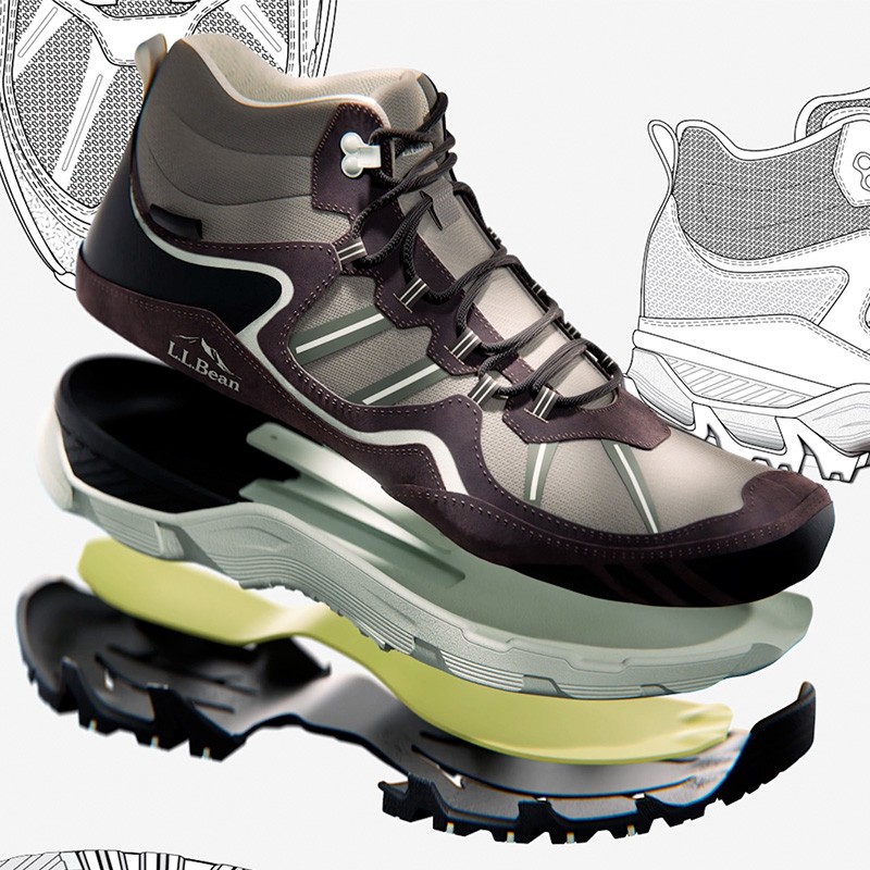 Exploded view of an L.L. Bean hiking boot showing layered sole components like tread, cushioning, and support structures.